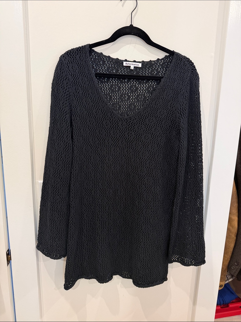 Reformation Black Open-Weave crochet V-Neck cover up/ mini dress